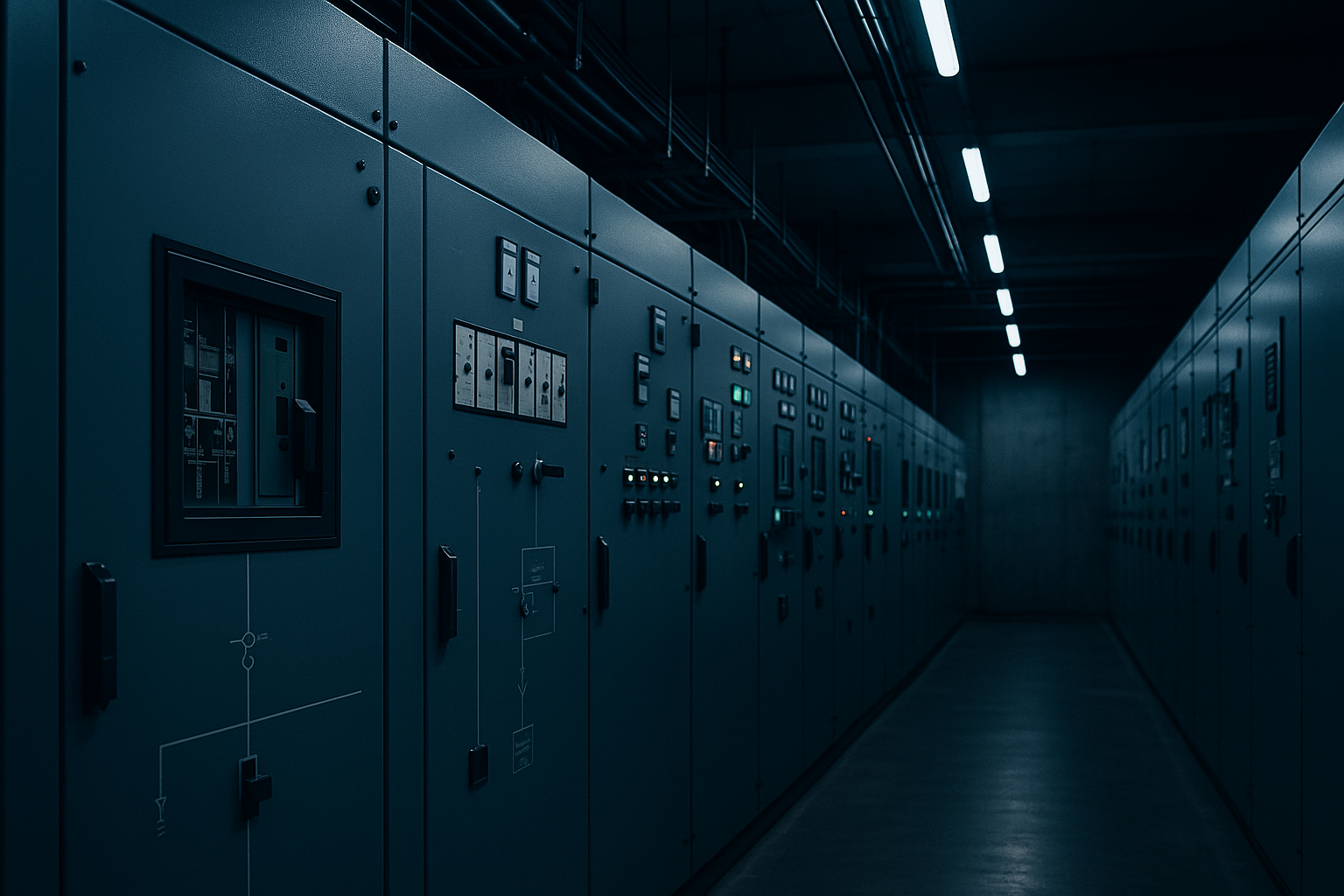 Modern medium-voltage switchgear room with metal cabinets, relay panels, and overhead cables under cool industrial lighting