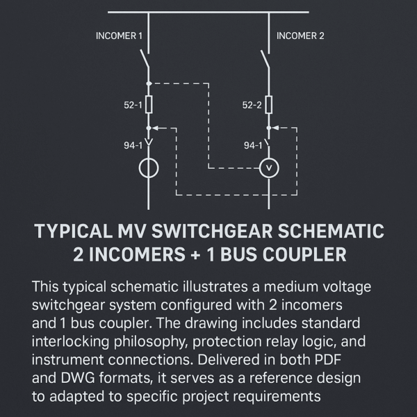 Typical MV Switchgear Schematic – 2 Incomers + 1 Bus Coupler (PDF & DWG)